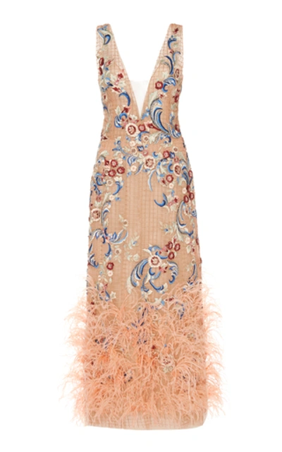 Marchesa Feather-trimmed Floral-embroidered Tulle Midi Dress In Pink