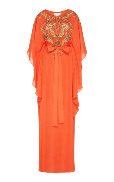 Marchesa Embroidered Silk Georgette Caftan In Orange