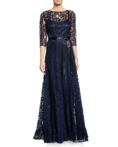Rickie Freeman For Teri Jon 3/4-sleeve Lace Overlay Gown In Navy