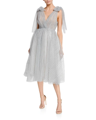 Monique Lhuillier Polka Dot V-neck Bow-trim Gown In White/black