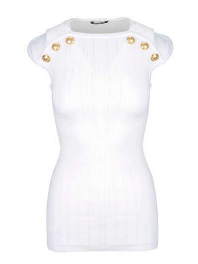 Balmain Button-embellished Ribbed-knit Top In White