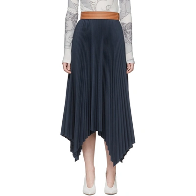 Loewe Asymmetric Leather-trimmed Pleated Poplin Midi Skirt In Blue