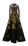 MARCHESA FLORAL-EMBROIDERED SILK-JACQUARD AND LACE GOWN,719701