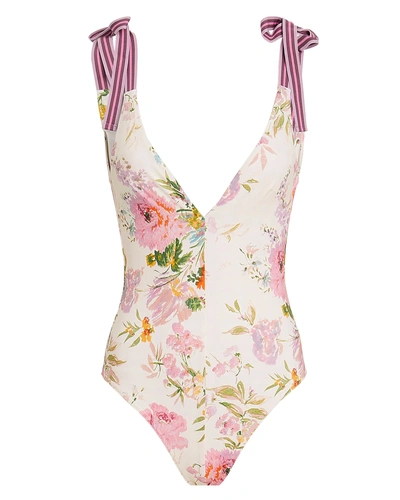 Zimmermann Heathers Grosgrain-trimmed Floral-print Swimsuit In White Multicolor