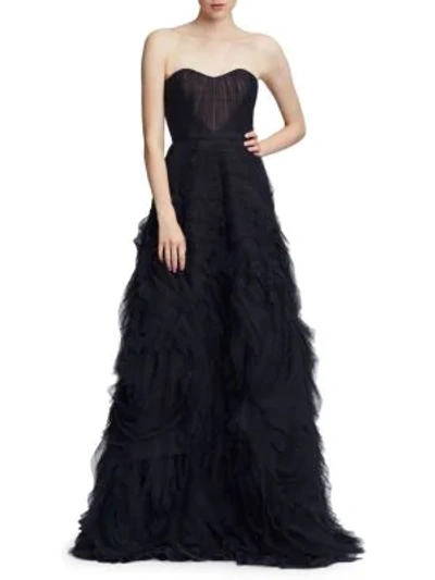 Marchesa Notte Strapless Draped Corset Tulle A-line Gown In Black