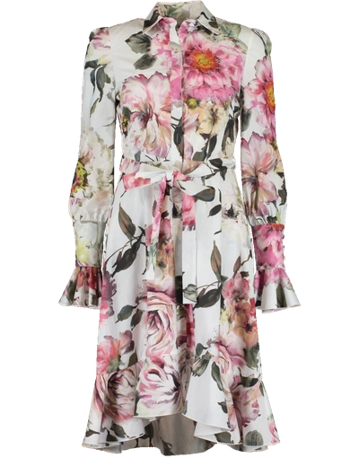 Marchesa Couture Floral Long Sleeve Cotton Shirt Dress In White
