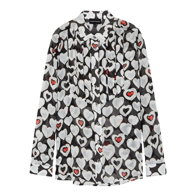 Emporio Armani Long-sleeve Button-front Heart-print Chiffon Blouse In Fant Nera