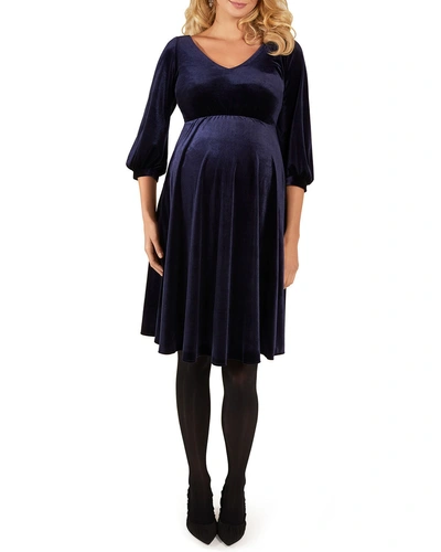Tiffany Rose Maternity Roxie V-neck Bishop-sleeve Velvet Dress In Sapphire Blue