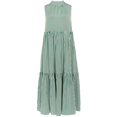 Asceno Striped Neck-tie Tiered Silk Midi Dress In Khaki Stripe