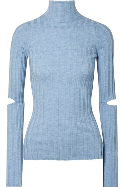Helmut Lang Cutout Ribbed Wool Turtleneck Sweater In Light Blue