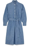 TORY BURCH DENEUVE BELTED RUFFLE-TRIMMED COTTON-CHAMBRAY DRESS
