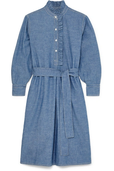 Tory Burch Deneuve Belted Ruffle-trimmed Cotton-chambray Dress