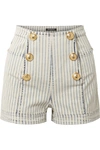 BALMAIN BUTTON-EMBELLISHED STRIPED DENIM SHORTS