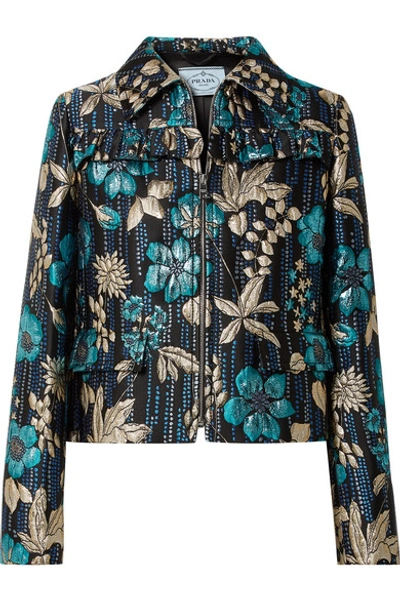Prada Floral Brocade Zip-front Shirt Jacket, Turquoise In Blue