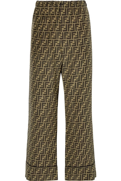 Fendi Cropped Printed Silk-satin Wide-leg Trousers In Brown