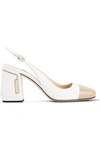 PRADA 85 TWO-TONE SMOOTH AND PATENT-LEATHER SLINGBACK PUMPS