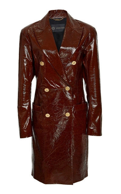 Versace Double Breasted Leather Trench Coat In Brown