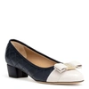 FERRAGAMO VARA QUILTED NAVY LEATHER OFF WHITE JASMINE PATENT PUMPS,SF14122S