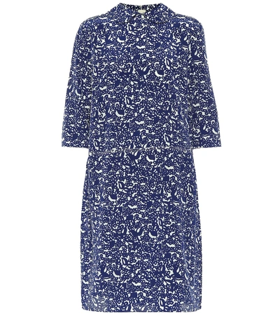 Marni Collared Elbow-sleeve Lily-print Silk Dress In Blue