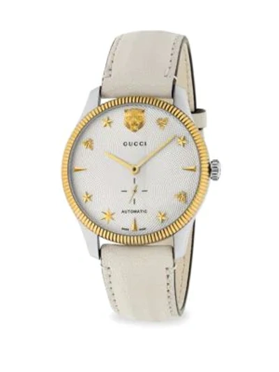 Gucci G-timeless Stainless Steel Case 40mm Automatic Silver Guilloché Dial Crème Leather Watch In White Leather