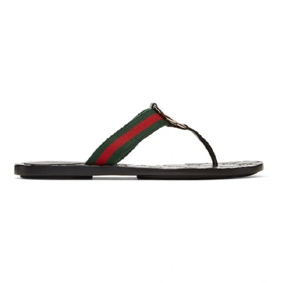 Gucci Brown Web Gg Thong Sandals In Green