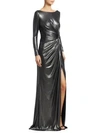 RENE RUIZ Ruched Side Slit Patent Glitter Long-Sleeve Gown
