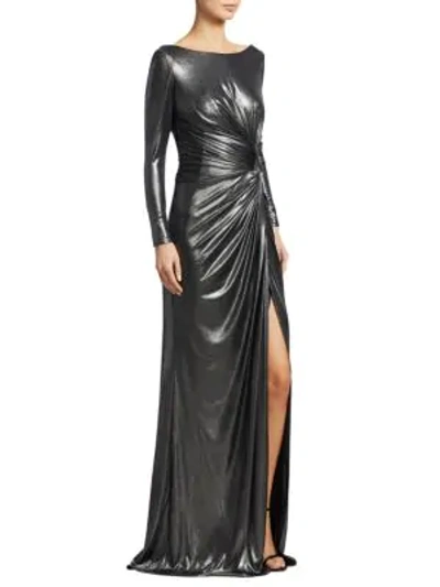 Rene Ruiz Ruched Side Slit Patent Glitter Long-sleeve Gown In Pewter