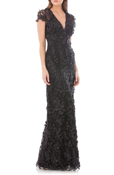 Carmen Marc Valvo Infusion Floral Applique Gown In Black