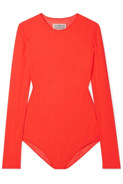 Maison Margiela Neon Stretch-mesh Bodysuit In Orange Fluo