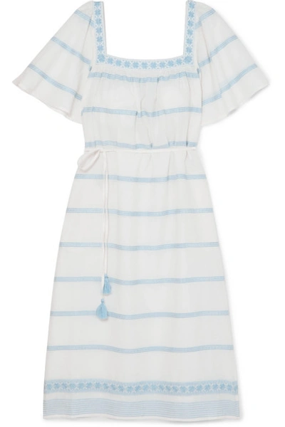 Tory Burch Square-neck Short-sleeve Embroidered Ruffle Dress W/ Tassel Belt In New Ivory / Seltzer