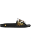 VERSACE PRINTED RUBBER AND LEATHER SLIDES