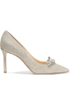 JIMMY CHOO ROMY 85 CRYSTAL-EMBELLISHED GLITTERED LEATHER PUMPS