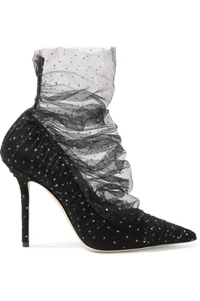 Jimmy Choo Lavish 100 Black Suede Pump With Black And Silver Glitter Tulle Overlay