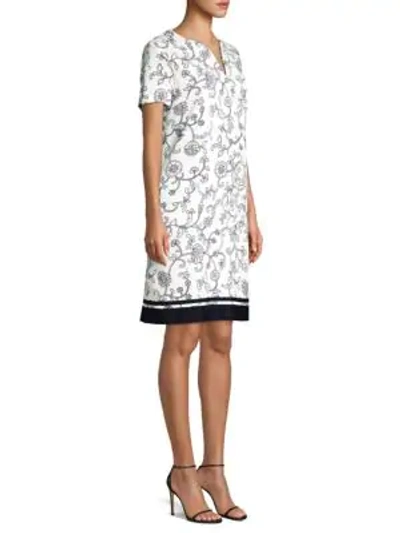 Escada Floral Lace Print Short-sleeve Pique Dress In Black White