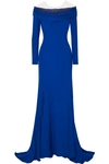 REEM ACRA DRAPED OFF-THE-SHOULDER SILK-CREPE GOWN