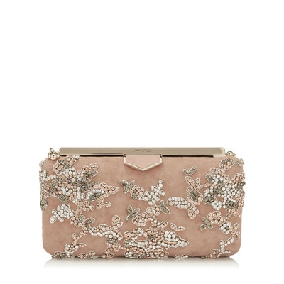 Jimmy Choo Ellipse Ballet Pink Suede Clutch Bag With Floral Crystal Embroidery