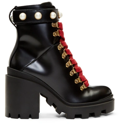 Gucci Faux Pearl-embellished Leather Ankle Boots In Black