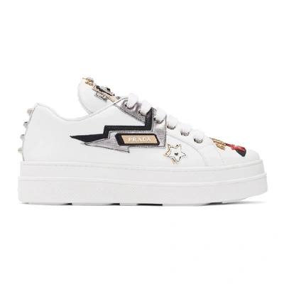 Prada White Leather And Saffiano Sneakers