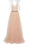 MONIQUE LHUILLIER BOW-EMBELLISHED SEQUINED TULLE GOWN,3074457345619652204