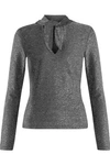 W118 BY WALTER BAKER W118 BY WALTER BAKER WOMAN YANIRA TIE-FRONT METALLIC STRETCH-KNIT TOP SILVER,3074457345619887657