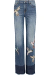 RED VALENTINO REDVALENTINO WOMAN APPLIQUÉD FADED HIGH-RISE STRAIGHT-LEG JEANS MID DENIM,3074457345620928126