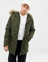SCHOTT LINCOLN 18X QUILTED HOODED PARKA JACKET DETACHABLE FAUX FUR TRIM SLIM FIT IN GREEN - GREEN,LINCOL 18XN