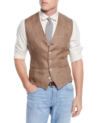Brunello Cucinelli Men's Linen Gilet Vest In Brown