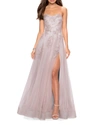 LA FEMME STRAPLESS TULLE GOWN WITH FLORAL APPLIQUES & HIGH SKIRT SLIT,PROD218520090