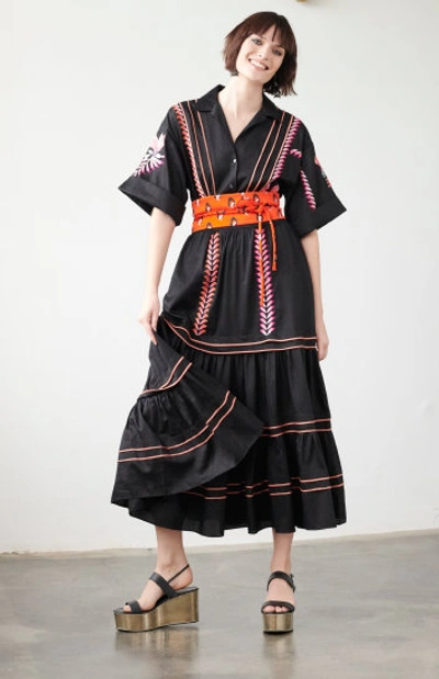 Temperley London Blossom-print Cotton-poplin Midi Shirt Dress In Black