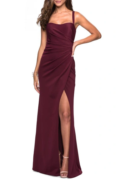 La Femme Ruched Jersey A-line Gown In Wine