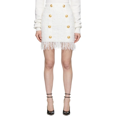 Balmain Tweed Shredded Hem Gold Tone Button Skirt In White