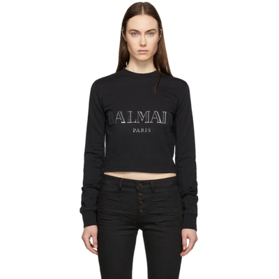 Balmain Cropped Appliquéd Cotton-jersey Sweatshirt In Black