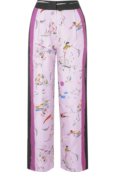 Tory Burch Painted Border Printed Silk-twill Pants In Lilac