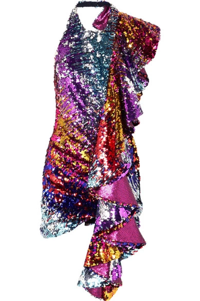 Halpern Ruffled Sequined Tulle Halterneck Mini Dress In Purple